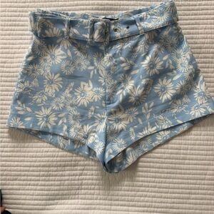 Zara Blue and White Floral High-Waist Belted Shorts